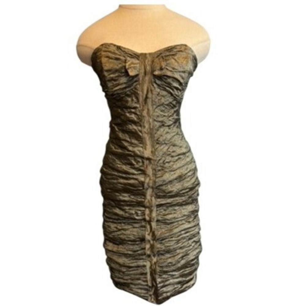 VTG Nicole Miller Collection Metallic Bronze Ruched Strapless Dress Size 4